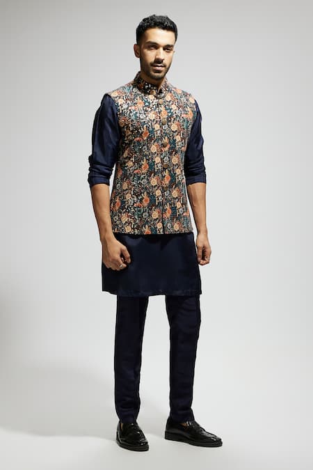 Sva By Sonam & Paras Modi Blue Silk, Crepe Sequins, Embroidery Botanic Patterned Bundi Kurta Set Online at Aza Fashions Sva By Sonam & Paras Modi_Blue Silk, Crepe Sequins, Embroidery Botanic Patterned Bundi Kurta Set_Online_at_Aza_Fashions
