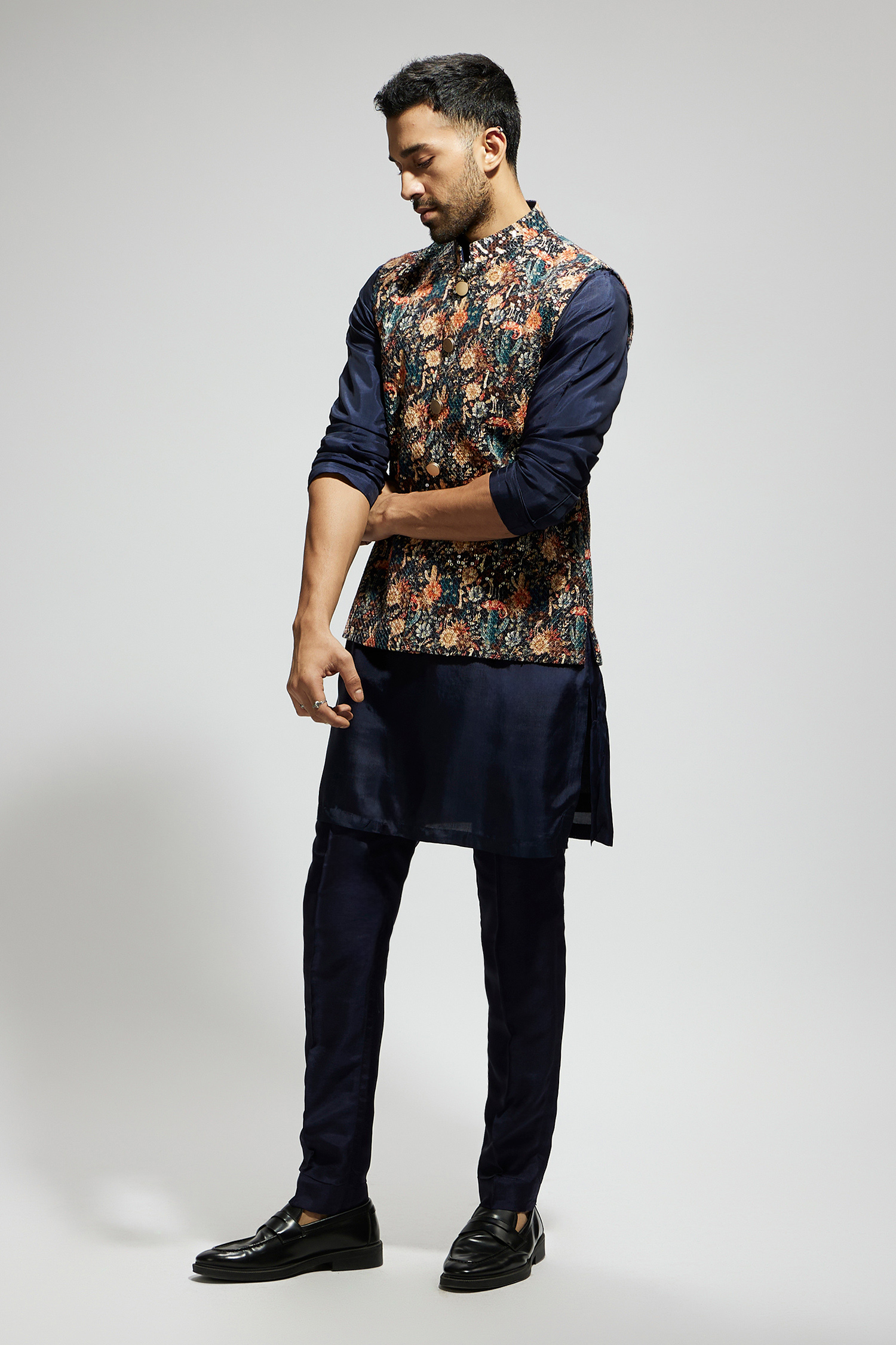 Buy Sva By Sonam & Paras Modi Blue Silk, Crepe Sequins, Embroidery Botanic Patterned Bundi Kurta Set Online at Aza Fashions Buy_Sva By Sonam & Paras Modi_Blue Silk, Crepe Sequins, Embroidery Botanic Patterned Bundi Kurta Set_Online_at_Aza_Fashions