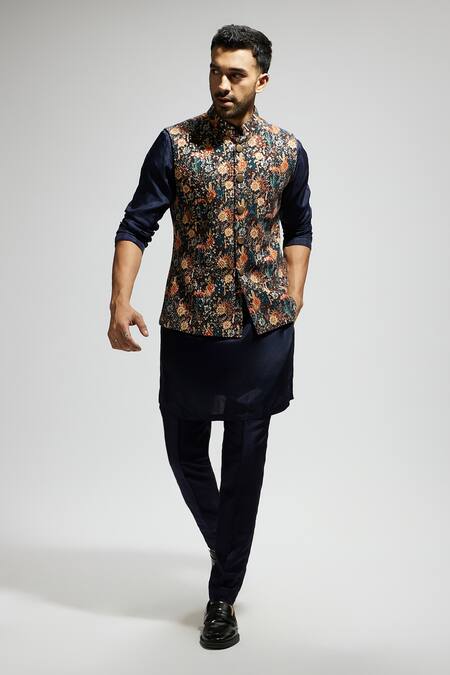 Sva By Sonam & Paras Modi Blue Silk, Crepe Sequins, Embroidery Botanic Patterned Bundi Kurta Set at Aza Fashions Sva By Sonam & Paras Modi_Blue Silk, Crepe Sequins, Embroidery Botanic Patterned Bundi Kurta Set_at_Aza_Fashions