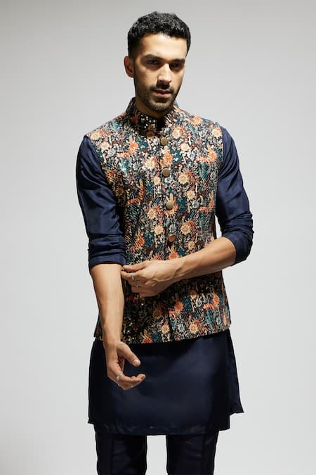 Buy Sva By Sonam & Paras Modi Blue Silk, Crepe Sequins, Embroidery Botanic Patterned Bundi Kurta Set Buy_Sva By Sonam & Paras Modi_Blue Silk, Crepe Sequins, Embroidery Botanic Patterned Bundi Kurta Set