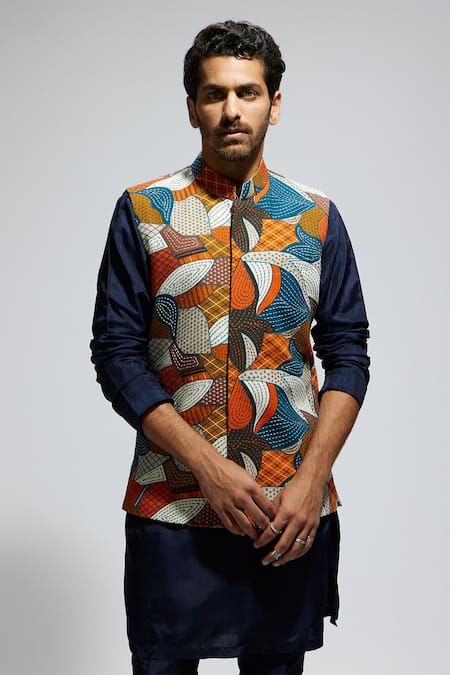 Sva By Sonam & Paras Modi_Blue Silk, Crepe Patchwork Abstract Geometric Bundi Set_Online_at_Aza_Fashions