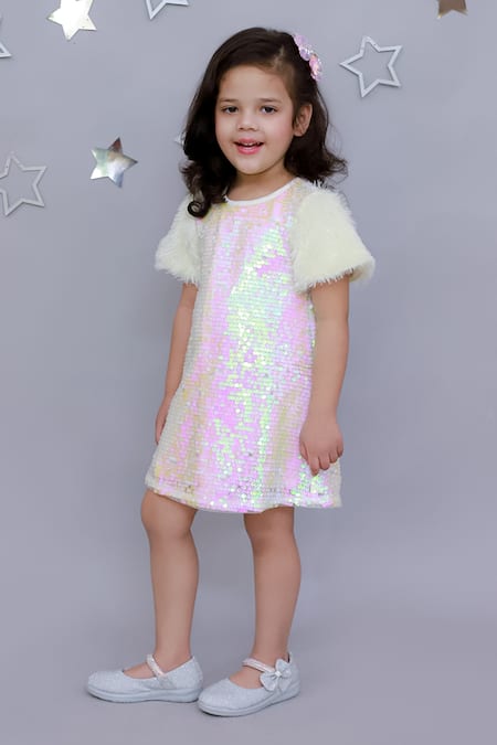 LIL DRAMA Sequin Embroidered Dress with Fur Sleeves 