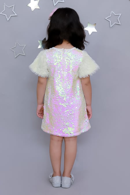 Shop Lil Drama White Polyester, Cotton Sequins Embroidered Dress With Fur Sleeves at Aza Fashions Shop_Lil Drama_White Polyester, Cotton Sequins Embroidered Dress With Fur Sleeves _at_Aza_Fashions