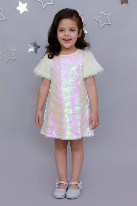 Lil Drama White Polyester, Cotton Sequins Embroidered Dress With Fur Sleeves Online at Aza Fashions Lil Drama_White Polyester, Cotton Sequins Embroidered Dress With Fur Sleeves _Online_at_Aza_Fashions