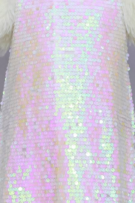 Buy Lil Drama White Polyester, Cotton Sequins Embroidered Dress With Fur Sleeves Online at Aza Fashions Buy_Lil Drama_White Polyester, Cotton Sequins Embroidered Dress With Fur Sleeves _Online_at_Aza_Fashions