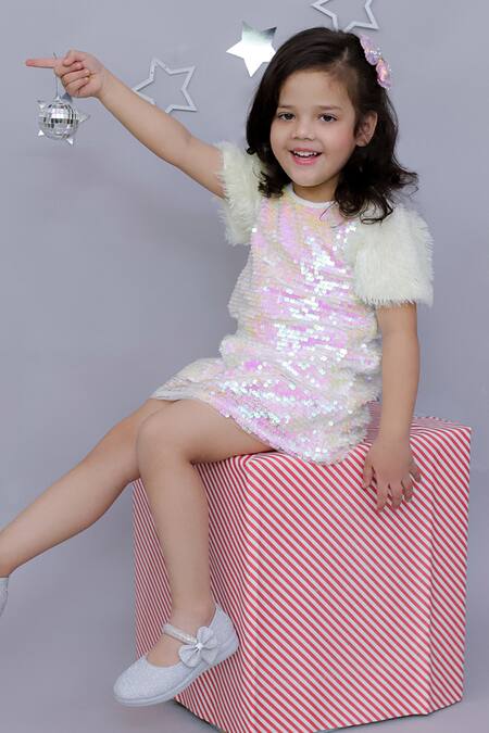 Shop Lil Drama White Polyester, Cotton Sequins Embroidered Dress With Fur Sleeves Online at Aza Fashions Shop_Lil Drama_White Polyester, Cotton Sequins Embroidered Dress With Fur Sleeves _Online_at_Aza_Fashions