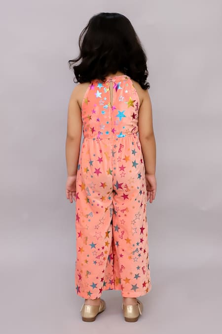Shop Lil Drama Pink Velvet, Polyester, Cotton Bows Shimmer Star Print Jumpsuit at Aza Fashions Shop_Lil Drama_Pink Velvet, Polyester, Cotton Bows Shimmer Star Print Jumpsuit _at_Aza_Fashions