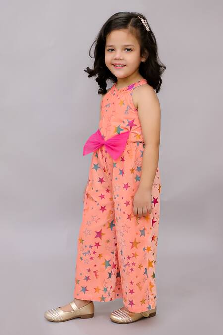Buy Lil Drama Pink Velvet, Polyester, Cotton Bows Shimmer Star Print Jumpsuit Online at Aza Fashions Buy_Lil Drama_Pink Velvet, Polyester, Cotton Bows Shimmer Star Print Jumpsuit _Online_at_Aza_Fashions
