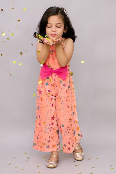 Lil Drama Pink Velvet, Polyester, Cotton Bows Shimmer Star Print Jumpsuit at Aza Fashions Lil Drama_Pink Velvet, Polyester, Cotton Bows Shimmer Star Print Jumpsuit _at_Aza_Fashions