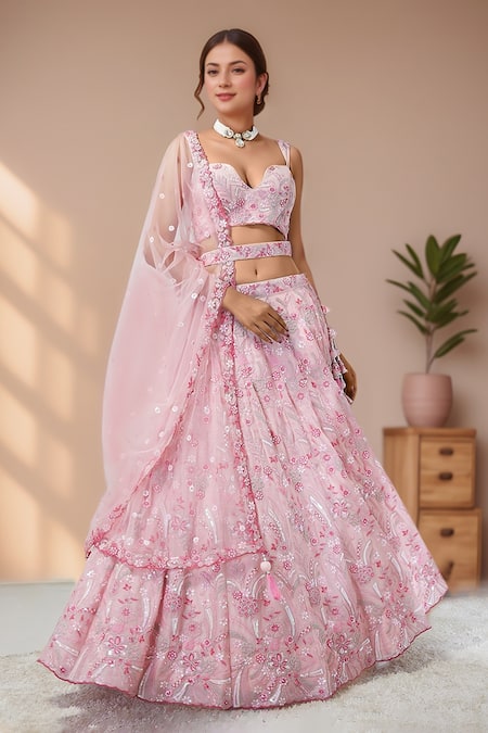 Shop_Samyukta Singhania_Pink Polyester, Net Sequins, Zari, Embroidery Plunge Neck Floral Lehenga Set _Online_at_Aza_Fashions
