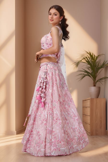Buy_Samyukta Singhania_Pink Polyester, Net Sequins, Zari, Embroidery Plunge Neck Floral Lehenga Set 