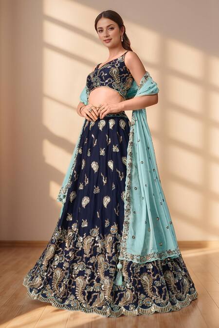 Samyukta Singhania Blue Polyester, Georgette Sequins, Zari, Navy Peacock Feather Lehenga Set Online at Aza Fashions Samyukta Singhania_Blue Polyester, Georgette Sequins, Zari, Navy Peacock Feather Lehenga Set_Online_at_Aza_Fashions