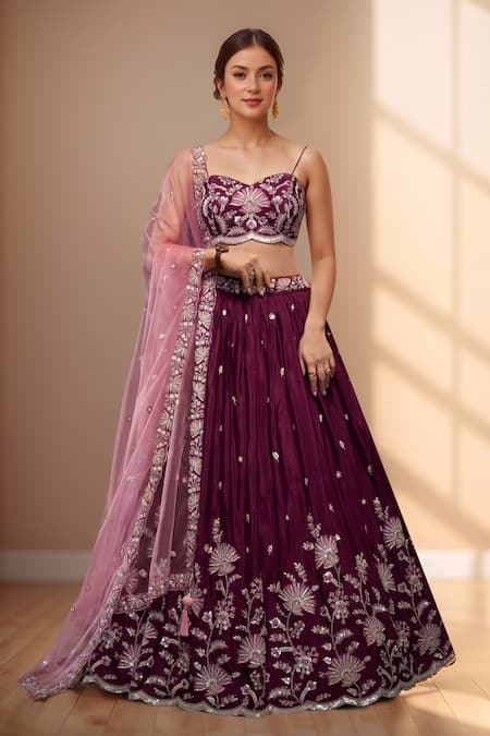 Samyukta Singhania Burgundy Polyester, Net Sequins, Zari, Floral Bloom Embroidered Lehenga Set