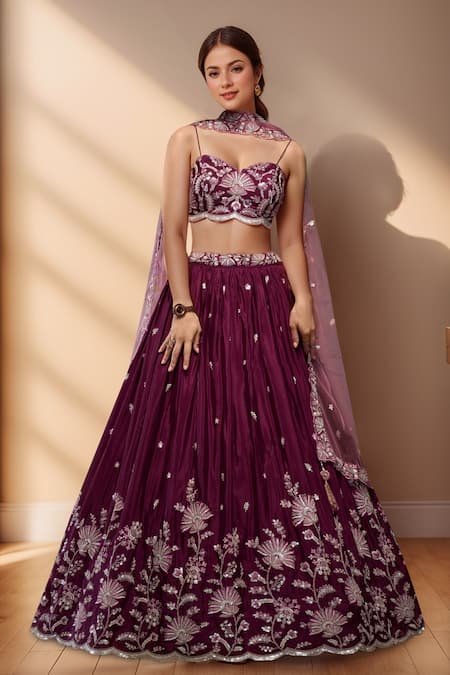 Buy_Samyukta Singhania_Burgundy Polyester, Net Sequins, Zari, Floral Bloom Embroidered Lehenga Set_Online_at_Aza_Fashions