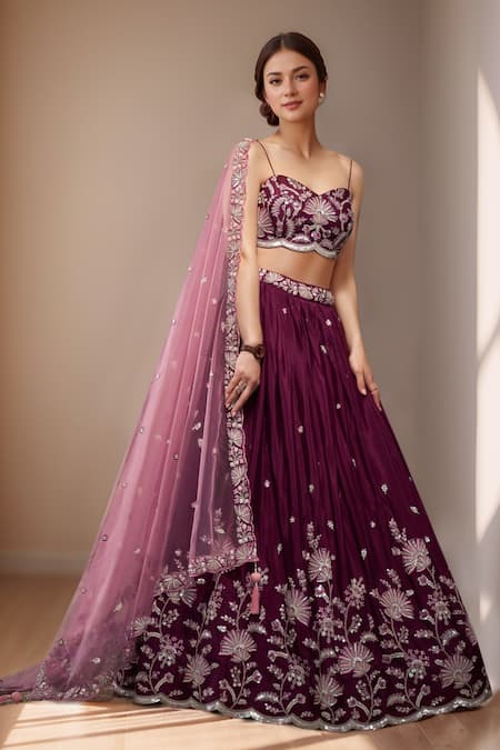 Shop_Samyukta Singhania_Burgundy Polyester, Net Sequins, Zari, Floral Bloom Embroidered Lehenga Set_Online_at_Aza_Fashions