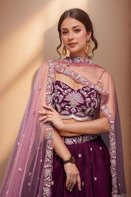 Samyukta Singhania_Burgundy Polyester, Net Sequins, Zari, Floral Bloom Embroidered Lehenga Set_at_Aza_Fashions