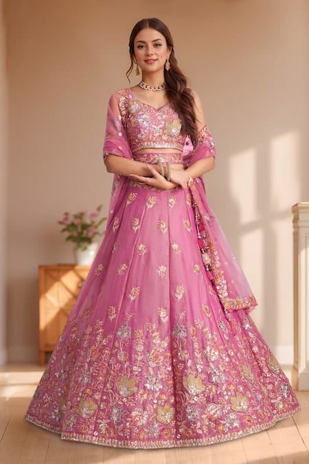 Shop_Samyukta Singhania_Pink Organza, Net Sequins, Stones Floral Vine Zari Embroidered Lehenga Set _Online_at_Aza_Fashions