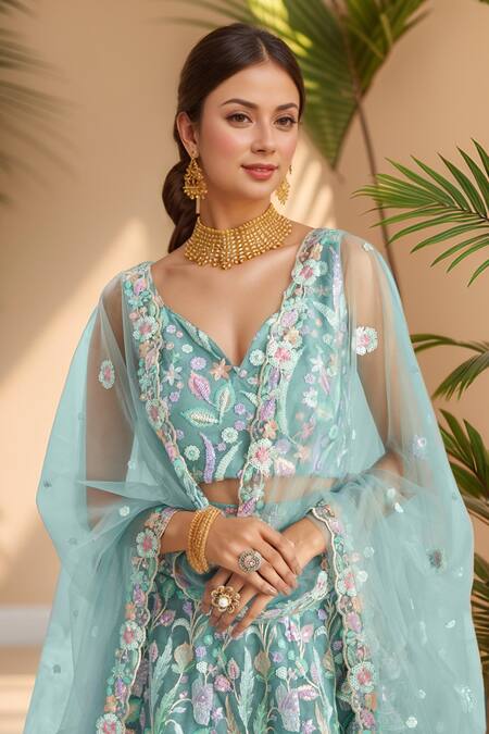 Samyukta Singhania_Blue Net, Linen Sequins, Zari, Applique Floral Embroidered Lehenga Set_Online_at_Aza_Fashions