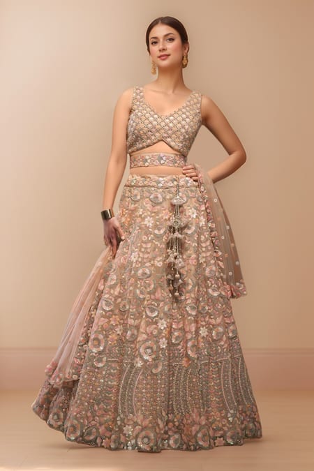 Buy Samyukta Singhania Peach Net, Linen Sequins, Zari Boat Neck Floral Embroidered Lehenga Set Online at Aza Fashions Buy_Samyukta Singhania_Peach Net, Linen Sequins, Zari Boat Neck Floral Embroidered Lehenga Set_Online_at_Aza_Fashions