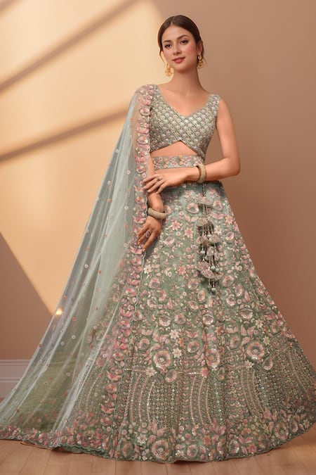 Shop Samyukta Singhania Green Net, Linen Sequins, Zari, Embroidery Asymmetric Floral Lehenga Set Online at Aza Fashions Shop_Samyukta Singhania_Green Net, Linen Sequins, Zari, Embroidery Asymmetric Floral Lehenga Set _Online_at_Aza_Fashions