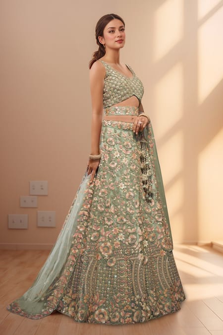Samyukta Singhania Green Net, Linen Sequins, Zari, Embroidery Asymmetric Floral Lehenga Set at Aza Fashions Samyukta Singhania_Green Net, Linen Sequins, Zari, Embroidery Asymmetric Floral Lehenga Set _at_Aza_Fashions