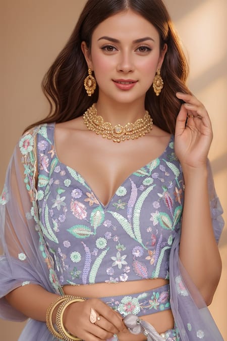 Samyukta Singhania_Purple Net, Linen Sequins, Stones Sweetheart Pastel Embellished Lehenga Set_Online_at_Aza_Fashions