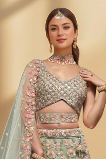 Buy Samyukta Singhania Green Net, Linen Sequins, Zari, Embroidery Asymmetric Floral Lehenga Set Online at Aza Fashions Buy_Samyukta Singhania_Green Net, Linen Sequins, Zari, Embroidery Asymmetric Floral Lehenga Set _Online_at_Aza_Fashions
