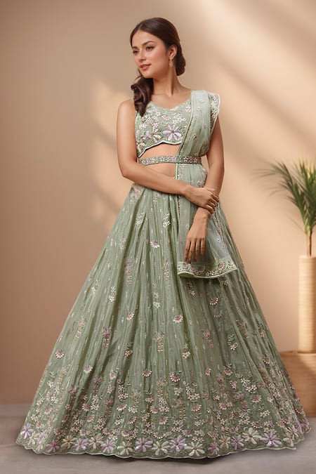 Shop Samyukta Singhania Green Polyester, Net, Georgette Sequins, Zari, Applique Floral Lehenga Set Online at Aza Fashions Shop_Samyukta Singhania_Green Polyester, Net, Georgette Sequins, Zari, Applique Floral Lehenga Set_Online_at_Aza_Fashions