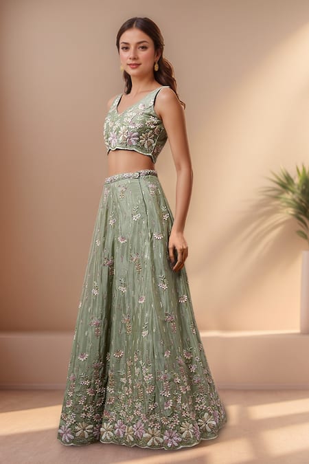 Buy Samyukta Singhania Green Polyester, Net, Georgette Sequins, Zari, Applique Floral Lehenga Set Buy_Samyukta Singhania_Green Polyester, Net, Georgette Sequins, Zari, Applique Floral Lehenga Set
