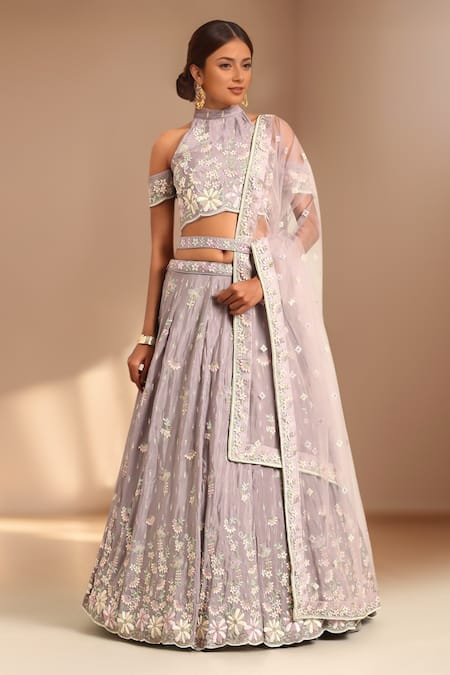 Shop_Samyukta Singhania_Purple Polyester, Net Sequins, Stones, Embroidery, Zari Floral Lehenga Set _Online_at_Aza_Fashions