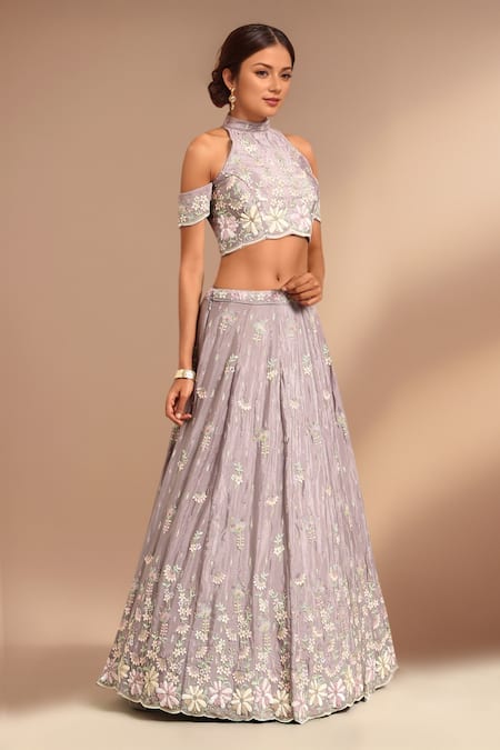 Buy_Samyukta Singhania_Purple Polyester, Net Sequins, Stones, Embroidery, Zari Floral Lehenga Set 