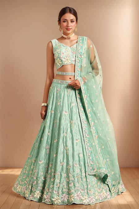 Buy_Samyukta Singhania_Green Net, Linen Sequins, Zari, Stones Applique Embroidered Lehenga Set 