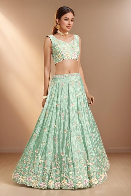 Shop_Samyukta Singhania_Green Net, Linen Sequins, Zari, Stones Applique Embroidered Lehenga Set 