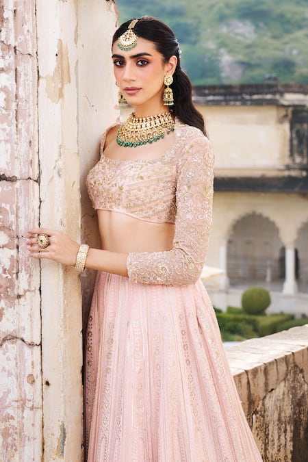 Issa Studio By Chetana & Swathi_Pink Net, Chanderi Cut Work, Sequins, Pearls Scoop Neck Chikankari Lehenga Set _Online_at_Aza_Fashions