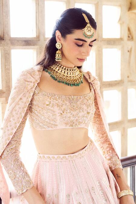 Buy_Issa Studio By Chetana & Swathi_Pink Net, Chanderi Cut Work, Sequins, Pearls Scoop Neck Chikankari Lehenga Set _Online_at_Aza_Fashions