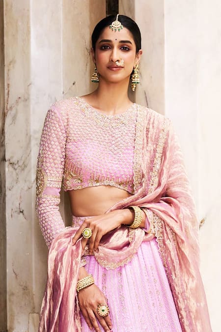 Issa Studio By Chetana & Swathi_Lavender Net, Chanderi Cut Work, Sequins, Gota Chikankari Bridal Lehenga Set _Online_at_Aza_Fashions