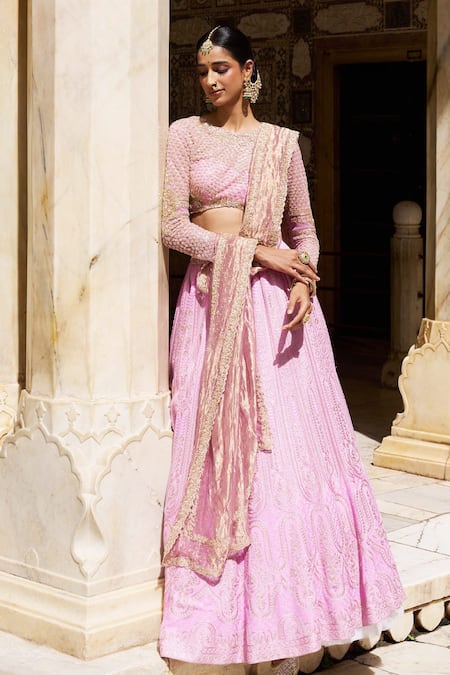 Shop_Issa Studio By Chetana & Swathi_Lavender Net, Chanderi Cut Work, Sequins, Gota Chikankari Bridal Lehenga Set _Online_at_Aza_Fashions