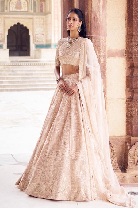 Issa Studio By Chetana & Swathi Pink Net, Chanderi Embroidery, Cut Work, Zari Crew Neck Chikankari Lehenga Set Online at Aza Fashions Issa Studio By Chetana & Swathi_Pink Net, Chanderi Embroidery, Cut Work, Zari Crew Neck Chikankari Lehenga Set _Online_at_Aza_Fashions
