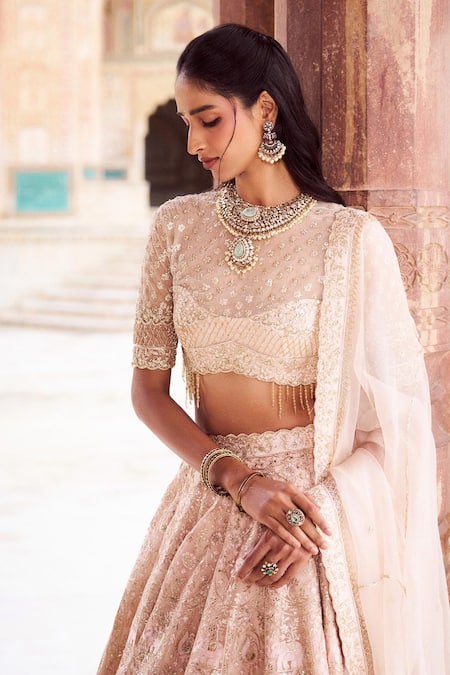 Shop Issa Studio By Chetana & Swathi Pink Net, Chanderi Embroidery, Cut Work, Zari Crew Neck Chikankari Lehenga Set Online at Aza Fashions Shop_Issa Studio By Chetana & Swathi_Pink Net, Chanderi Embroidery, Cut Work, Zari Crew Neck Chikankari Lehenga Set _Online_at_Aza_Fashions