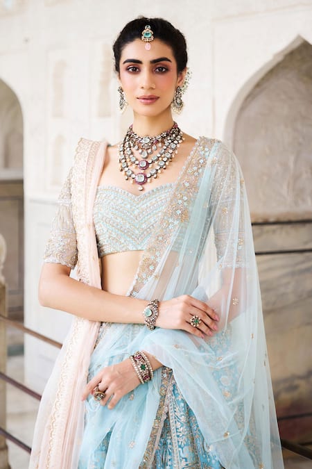 Issa Studio By Chetana & Swathi_Blue Chiffon, Net Sequins, Cut Work, Ice Chikankari Embroidered Lehenga Set _Online_at_Aza_Fashions