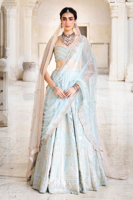 Buy_Issa Studio By Chetana & Swathi_Blue Chiffon, Net Sequins, Cut Work, Ice Chikankari Embroidered Lehenga Set _Online_at_Aza_Fashions