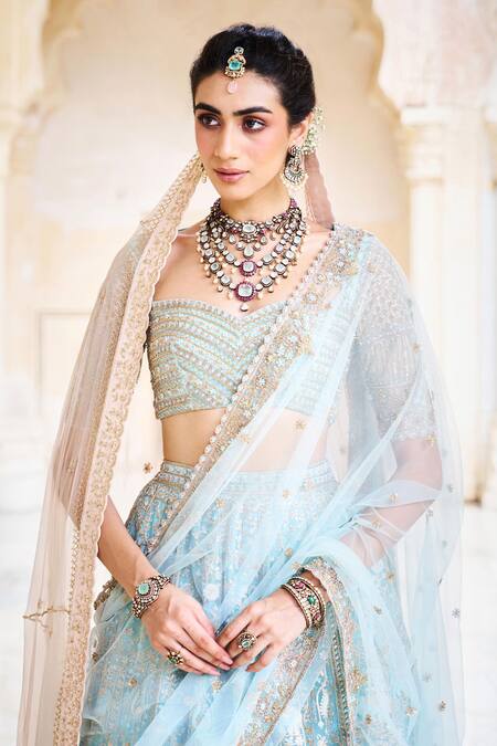 Shop_Issa Studio By Chetana & Swathi_Blue Chiffon, Net Sequins, Cut Work, Ice Chikankari Embroidered Lehenga Set _Online_at_Aza_Fashions