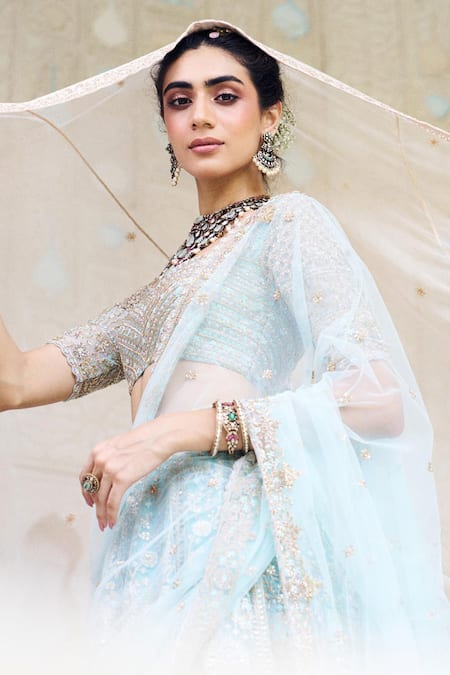 Buy_Issa Studio By Chetana & Swathi_Blue Chiffon, Net Sequins, Cut Work, Ice Chikankari Embroidered Lehenga Set 