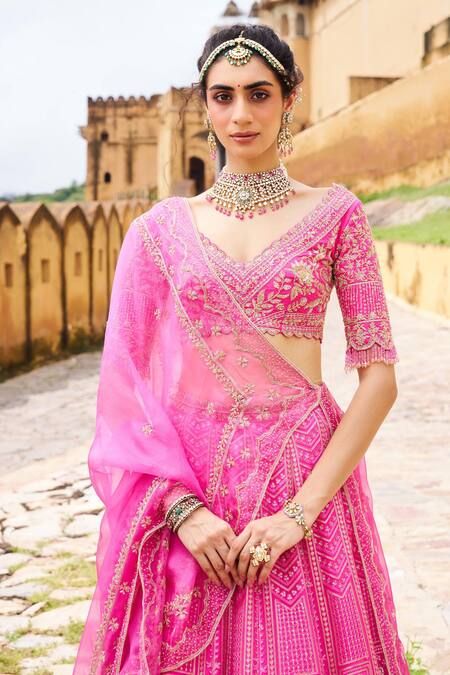 Buy_Issa Studio By Chetana & Swathi_Pink Organza, Chanderi Sequins, Zari, Embroidery Scoop Kalamkari Lehenga Set _Online_at_Aza_Fashions