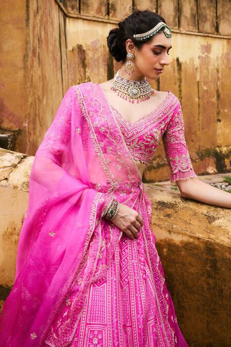 Issa Studio By Chetana & Swathi_Pink Organza, Chanderi Sequins, Zari, Embroidery Scoop Kalamkari Lehenga Set _at_Aza_Fashions