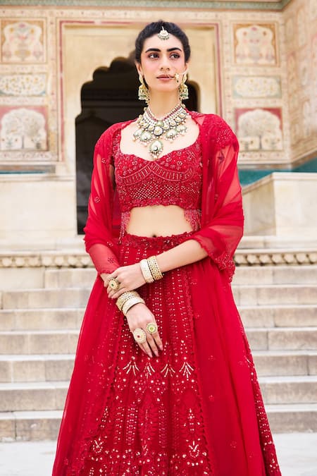 Issa Studio By Chetana & Swathi Red Organza, Chiffon, Chanderi Cut Crimson Kalamkari Embroidered Lehenga Set Online at Aza Fashions Issa Studio By Chetana & Swathi_Red Organza, Chiffon, Chanderi Cut Crimson Kalamkari Embroidered Lehenga Set _Online_at_Aza_Fashions