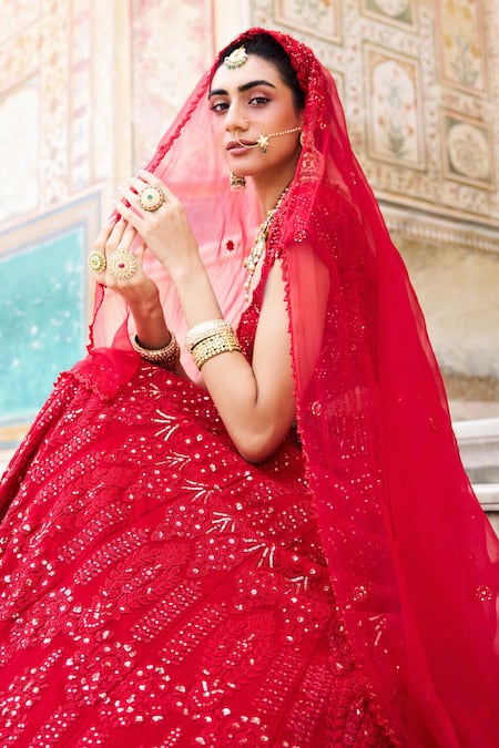 Shop Issa Studio By Chetana & Swathi Red Organza, Chiffon, Chanderi Cut Crimson Kalamkari Embroidered Lehenga Set Online at Aza Fashions Shop_Issa Studio By Chetana & Swathi_Red Organza, Chiffon, Chanderi Cut Crimson Kalamkari Embroidered Lehenga Set _Online_at_Aza_Fashions