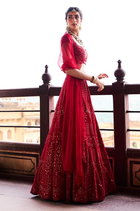 Shop Issa Studio By Chetana & Swathi Red Organza, Chiffon, Chanderi Cut Crimson Kalamkari Embroidered Lehenga Set at Aza Fashions Shop_Issa Studio By Chetana & Swathi_Red Organza, Chiffon, Chanderi Cut Crimson Kalamkari Embroidered Lehenga Set _at_Aza_Fashions