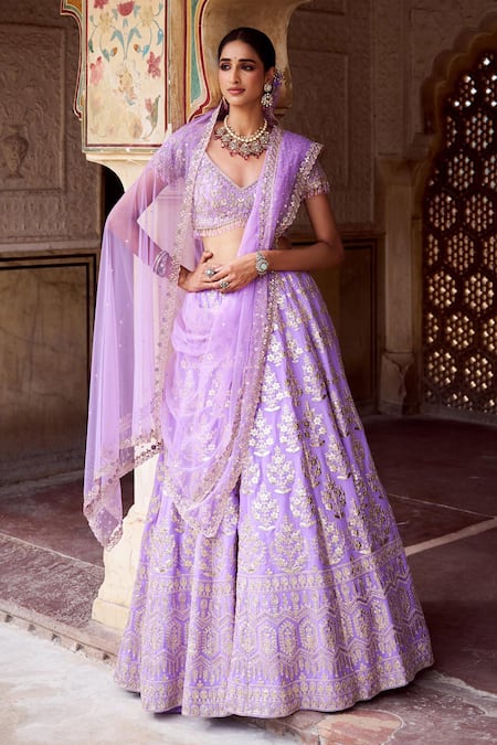 Buy_Issa Studio By Chetana & Swathi_Purple Georgette, Net Embroidery, Sequins, Lavender Gota Bridal Lehenga Set _Online_at_Aza_Fashions