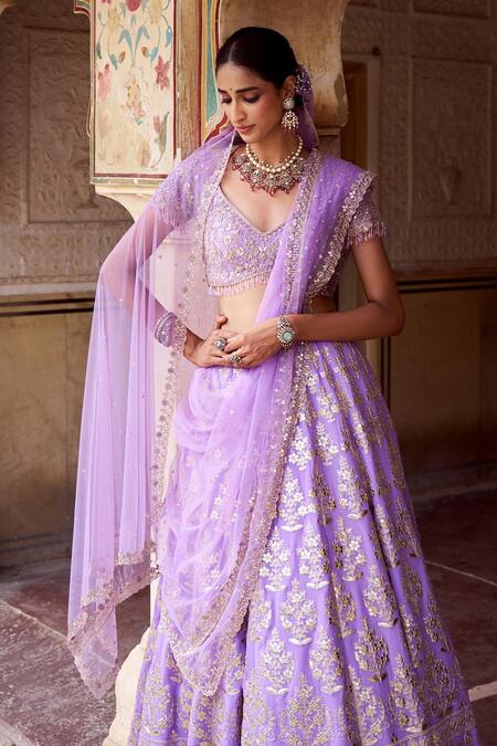 Shop_Issa Studio By Chetana & Swathi_Purple Georgette, Net Embroidery, Sequins, Lavender Gota Bridal Lehenga Set _Online_at_Aza_Fashions